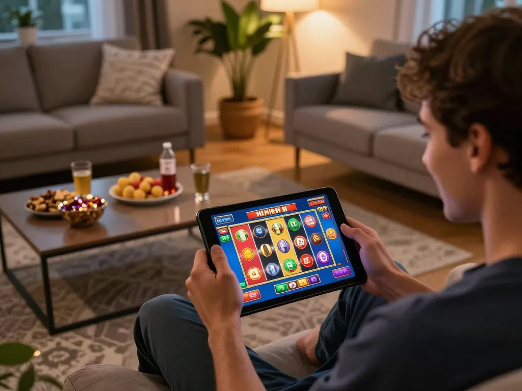 Engaging in nổ hũ đổi thưởng gameplay on a tablet, featuring colorful reels and a cozy home setup.
