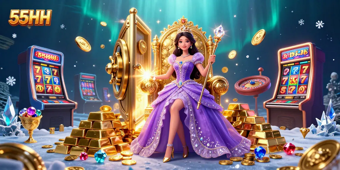 Experience thrilling gaming action with the 55HH online casino, filled with vibrant slot symbols and treasure.