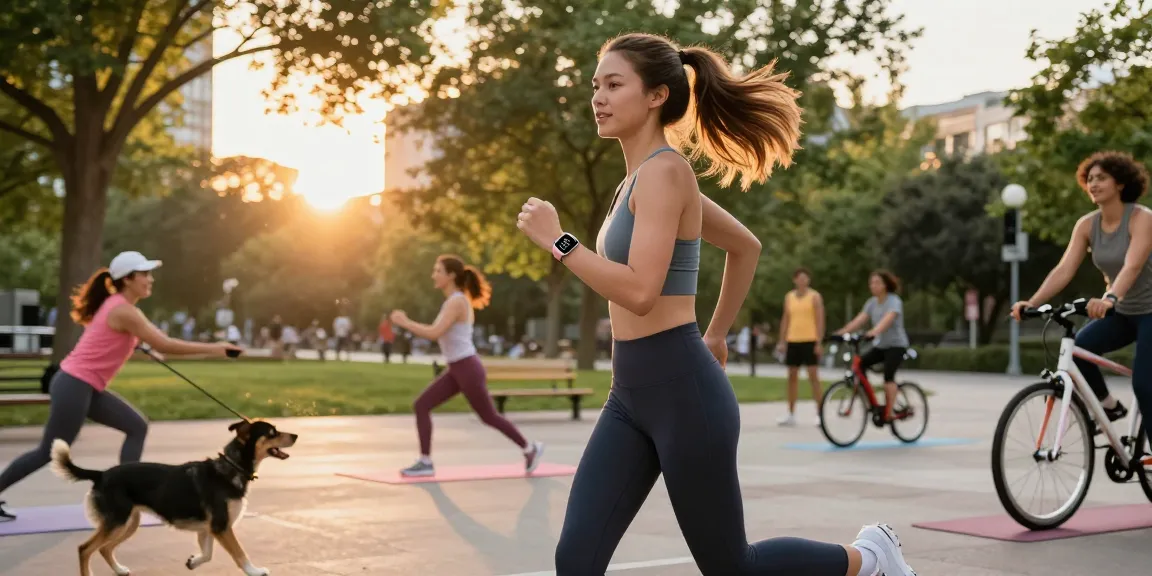 Pengguna Fitbit Luxe berlari di taman urban, menunjukkan gaya hidup aktif dan teknologi kesehatan.