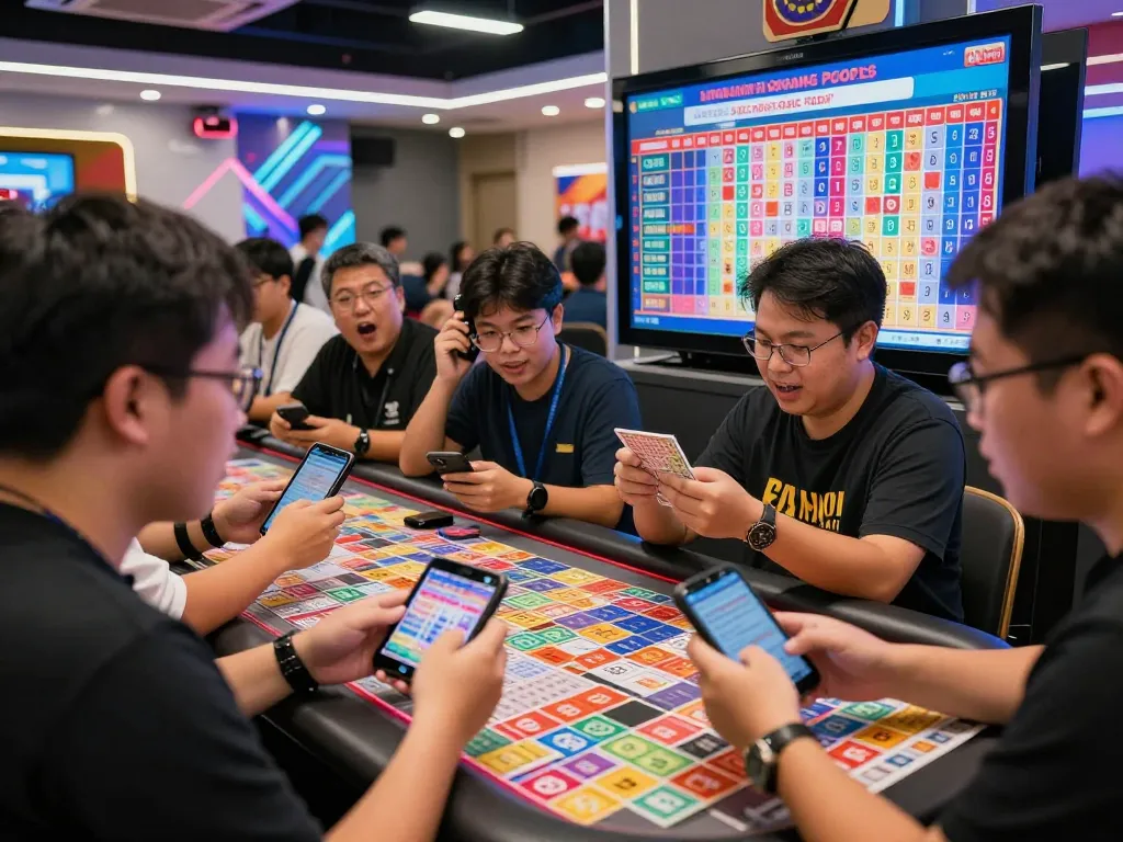 Togel Hongkong players eagerly checking results in a vibrant gaming lounge.