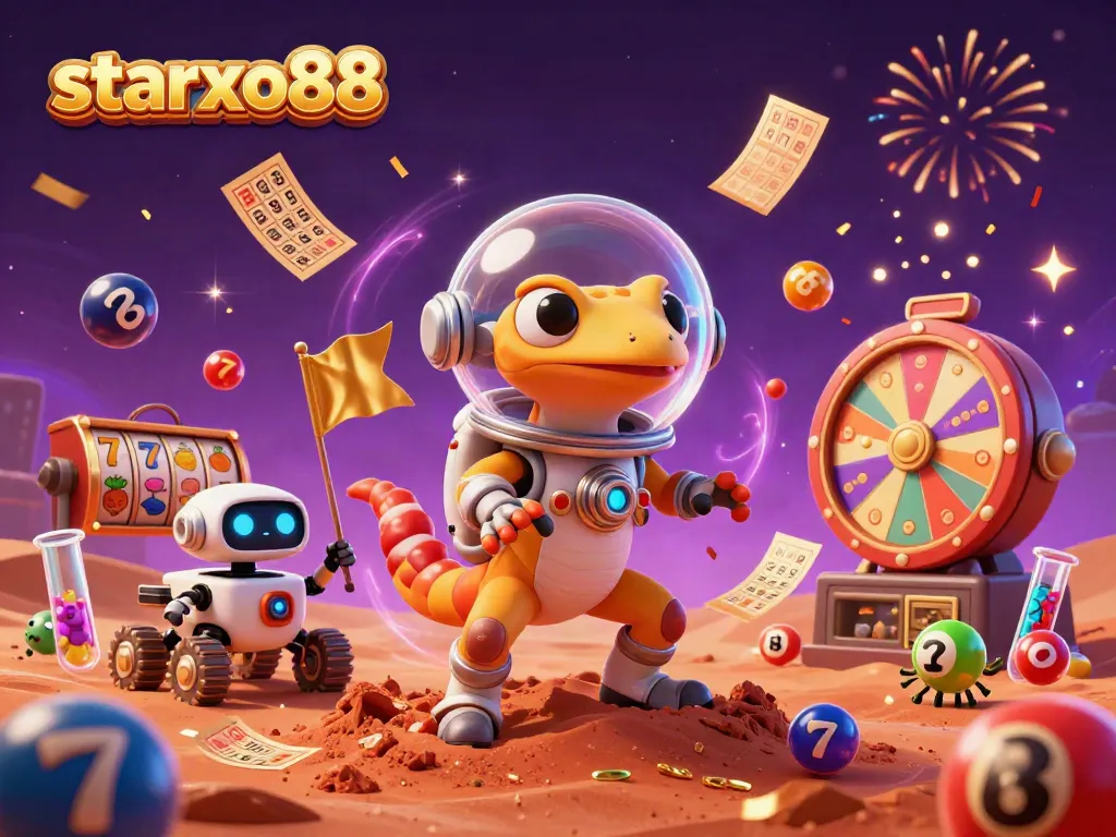 Join the excitement at starxo88 with a vibrant 3D Martian gecko bursting through the casino!