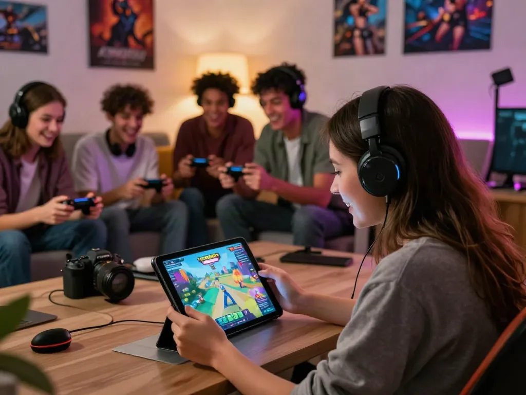 Pengalaman bermain JPTOTO yang seru di ruang gaming yang penuh warna dan interaksi.