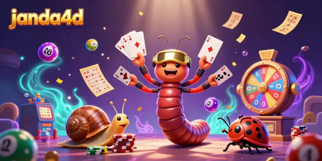 Janda4D menampilkan ilustrasi kasino dinamis dengan dealer kartun dan bola lotere berwarna-warni.