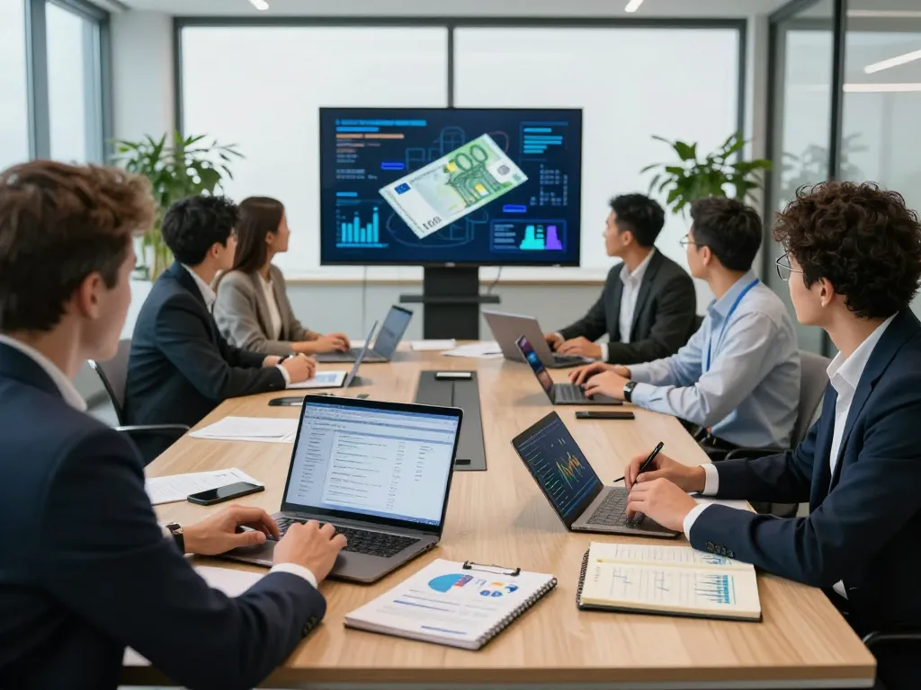 Discussion on Digital Euro Change with financial analysts in modern office setting.