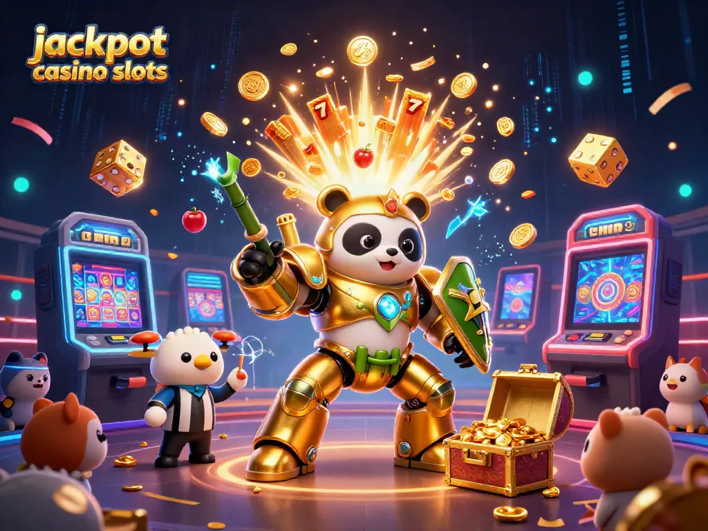 Engage in jackpot casino slots excitement as a golden panda battles with a bamboo mech in a vibrant casino-themed arena.