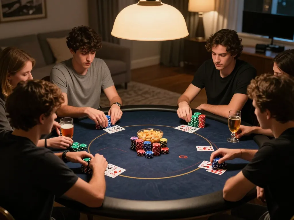 Players enjoying strategic Texas Hold'em at home during an engaging u888 poker night.
