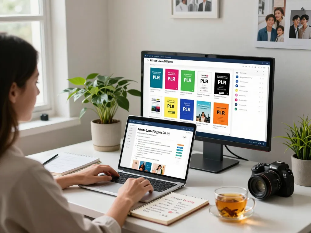 Buy Private Label Rights Products by exploring various digital PLR collections, showcasing a dynamic workspace.