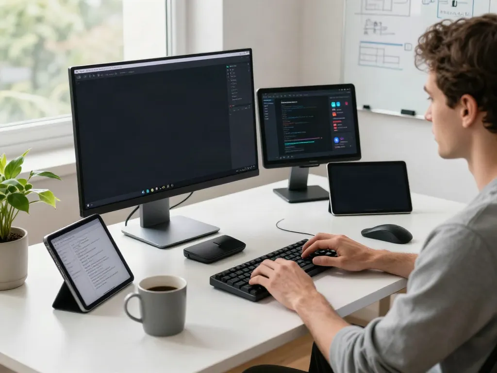Developer using brave浏览器 in a modern home office setting, showcasing tech elements and workspace.