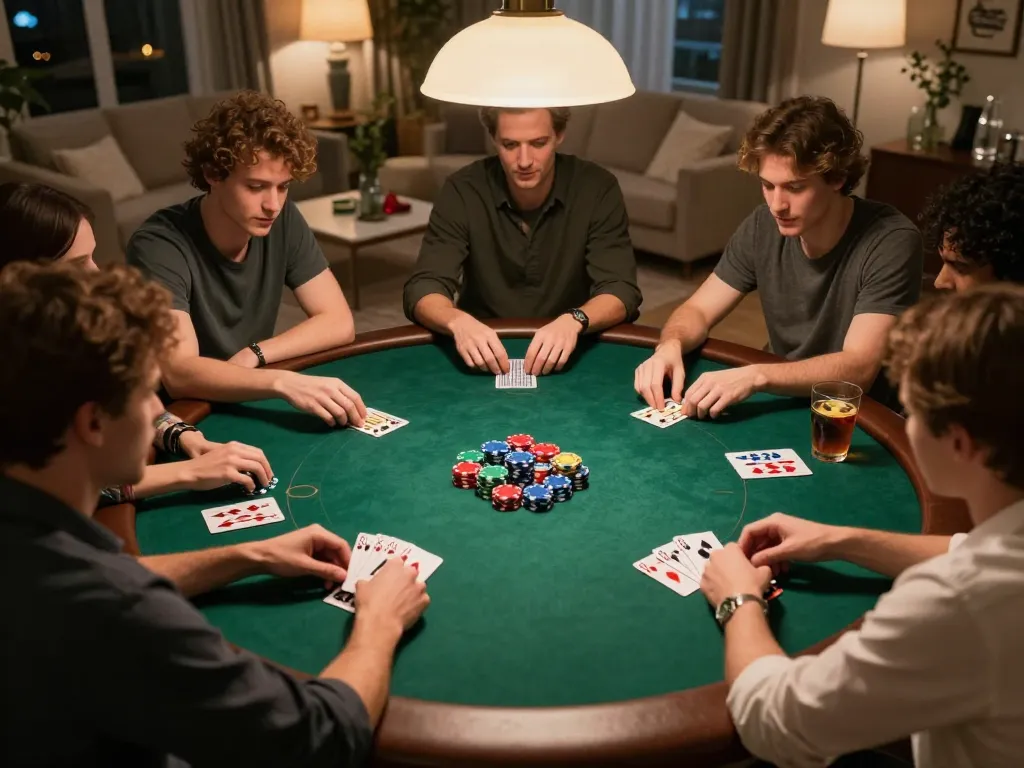 Players enjoying poker night at home with XN88 strategy, colorful chips and cards in focus.