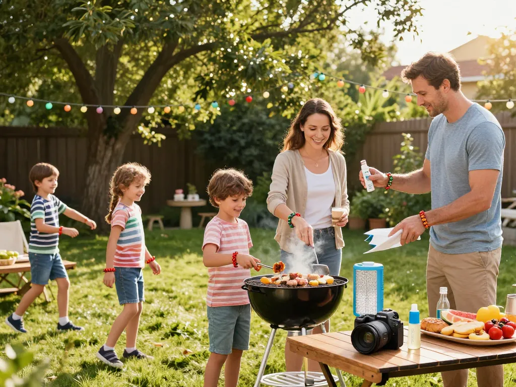 Family enjoying summer barbecue while using the best mosquito repellent for effective protection.