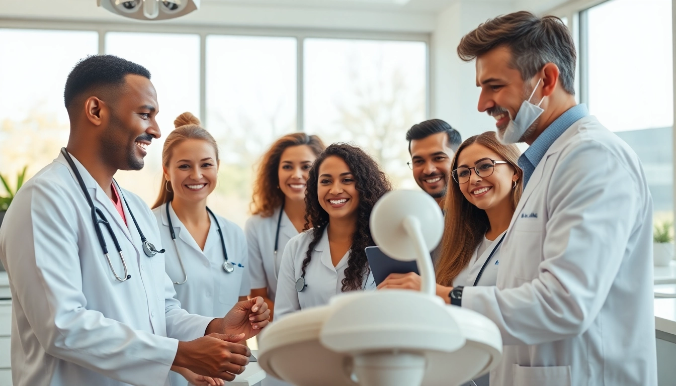 Engaging dental care scene with professionals representing newsmilelife and showcasing teamwork in a modern clinic.