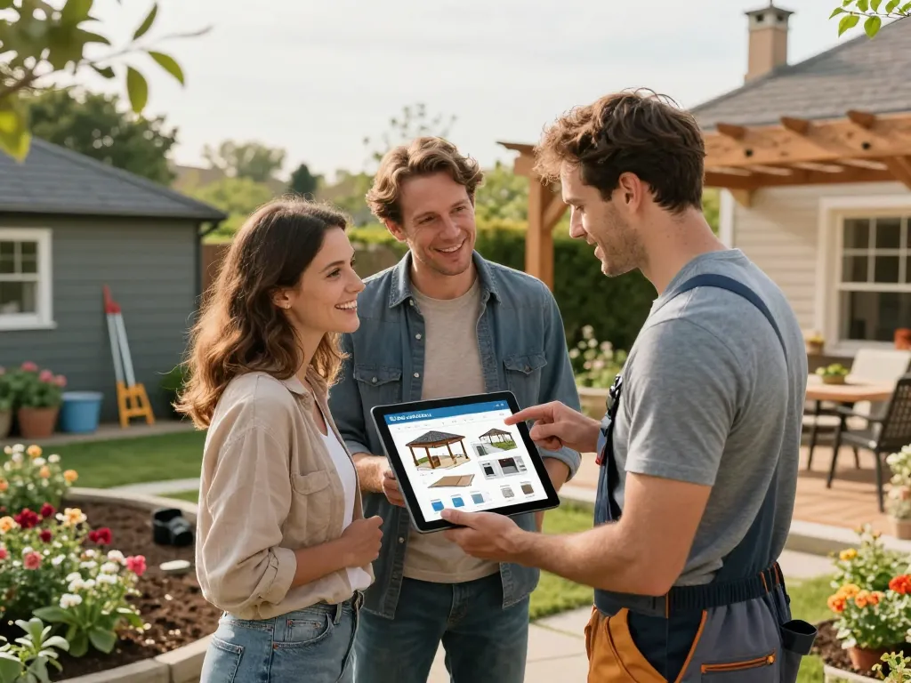 Contractor demonstrating pergola sales software to clients enhancing home design with real-time 3D visuals.