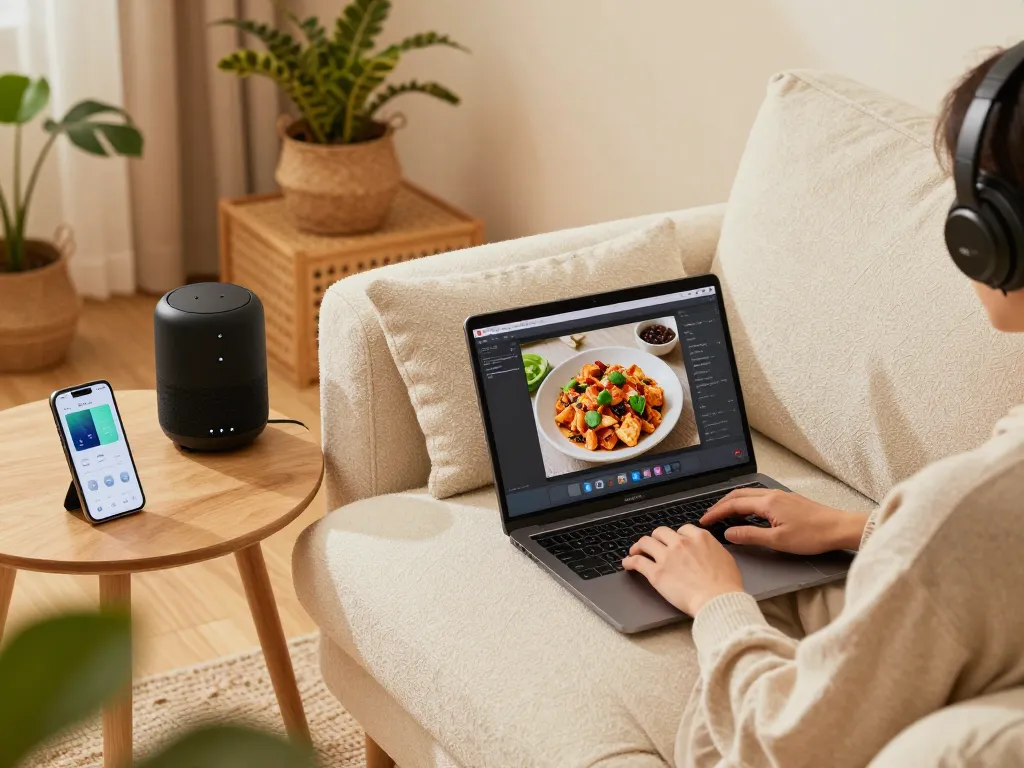 Tech gadgets for home in a cozy living room with smart devices and relaxing atmosphere.
