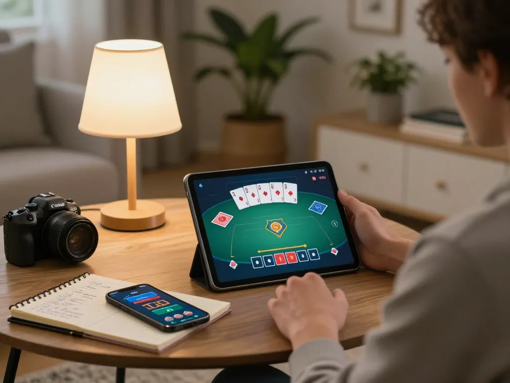 Pemain Bintangmpo merancang strategi di rumah dengan tablet untuk poker online, suasana yang nyaman.