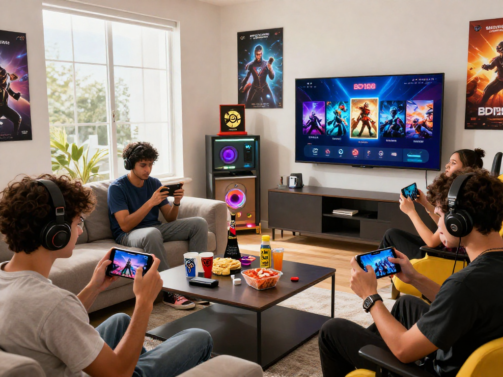 bd188: Masayang gaming scene na may mga manlalaro sa kanilang mobile devices sa isang masiglang kapaligiran.