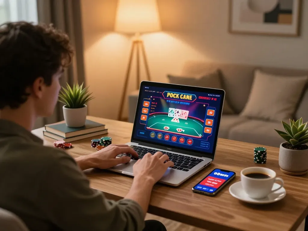 Player engaging with 98win com on laptop at home, showcasing a cozy online gaming experience.