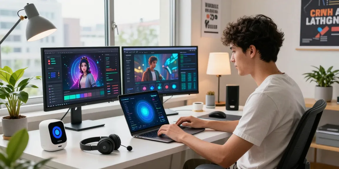 Engaged user interacting with crush ai app on laptop in stylish home office.