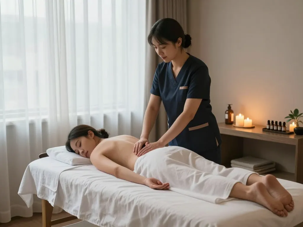 출장마사지 session setup with essential oils and calm atmosphere.