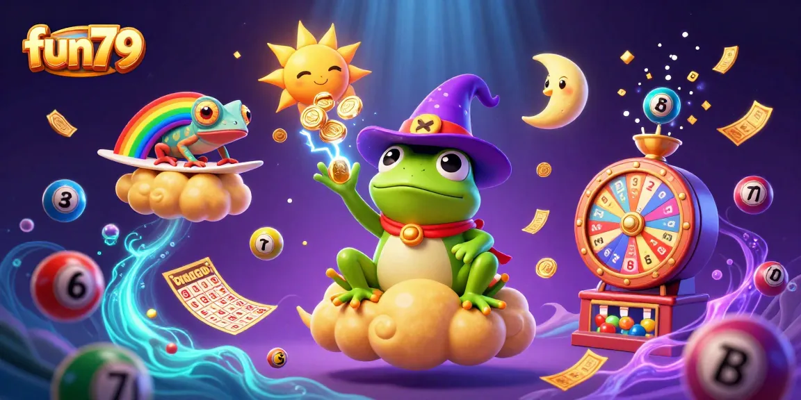 Experience thrilling wins with fun79's vibrant slot and lottery game illustration featuring magical elements.