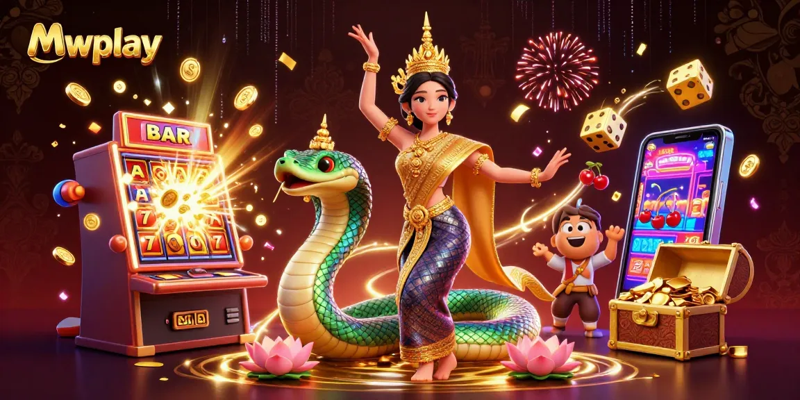 Win big at Mwplay with an enchanting scene showing a Thai dancer, Naga serpent, and exciting casino games.