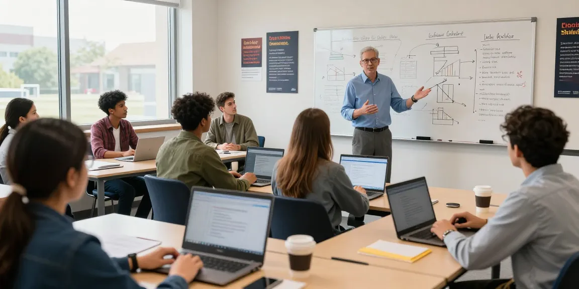 University and trade schools graduates collaborating in a modern classroom