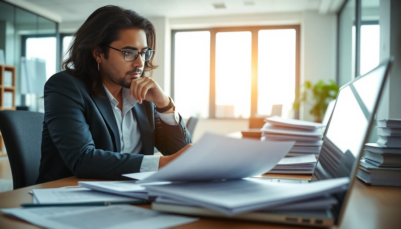 Consultant engaged in registration and certification in Federal databases for federal contracts in a modern office.
