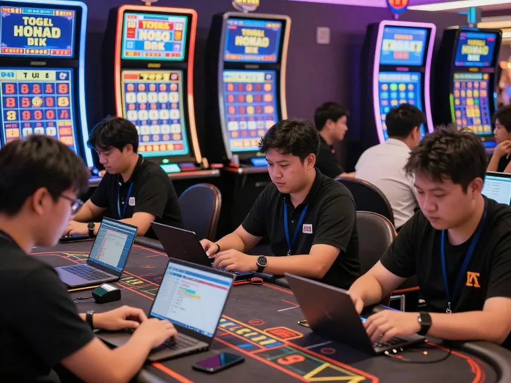 Engaged bettors analyzing Togel Hongkong results in a vibrant gambling setting with digital displays and a lively atmosphere.