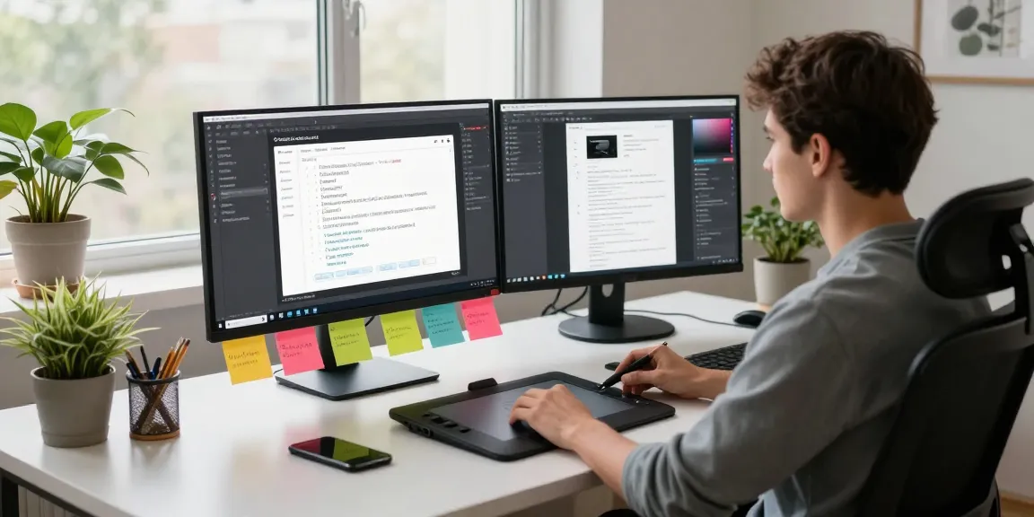 A designer using 截图软件 in a modern workspace, showcasing productivity tools and a creative setup.