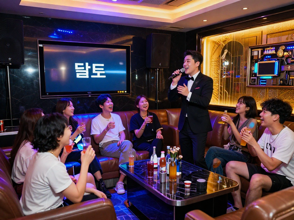 강남 달토 가라오케에서 손님들이 즐거운 시간을 보내는 모습과 화려한 조명