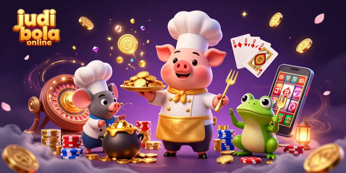 Bet on judi bola online with an exciting 3D scene featuring a chef pig, mouse, and frog serving gold coins as gourmet food.