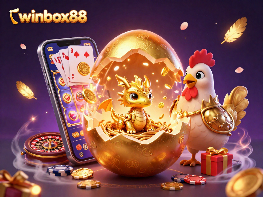 Winbox88 promotes excitement with a golden dragon emerging from a nest of poker chips in a vibrant casino scene.