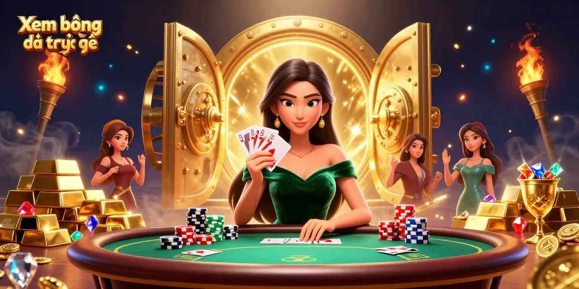 Xem bóng đá trực tiếp with a beautiful Asian woman at a vibrant poker table, surrounded by golden treasures and jewels.