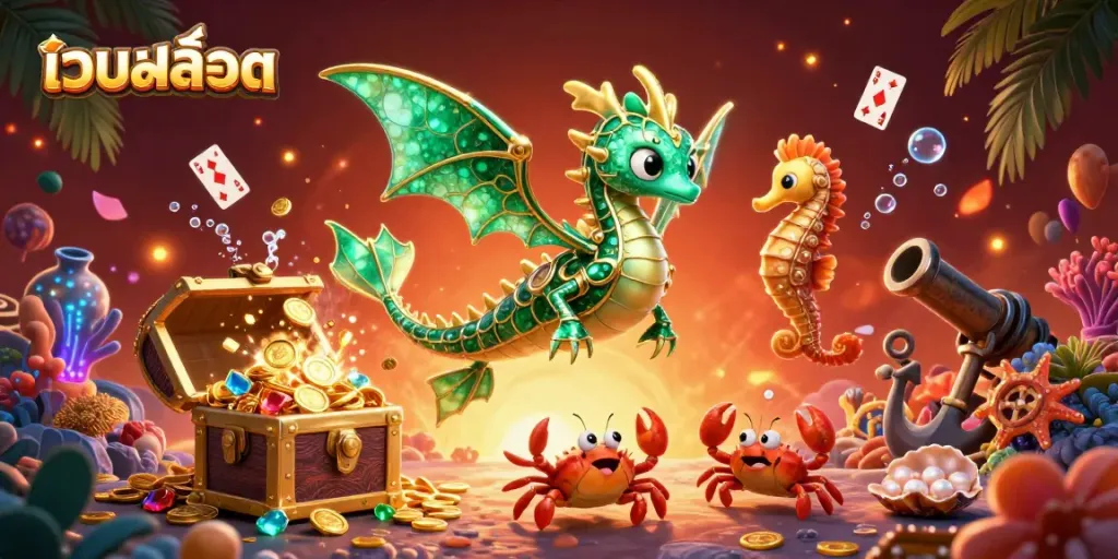 Experience the thrill of เว็บสล็อต as you encounter a lavish underwater realm featuring an emerald sea dragon and overflowing treasure.