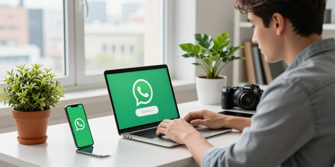 Downloading WhatsApp下載 on a laptop in a cozy modern workspace, showcasing connectivity and communication.