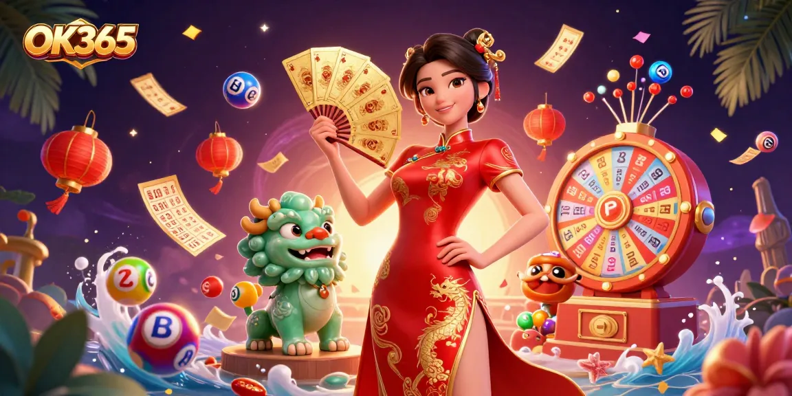 Engage with thrilling games at OK365, featuring a vibrant 3D illustration of a woman in a qipao surrounded by dynamic lottery elements.