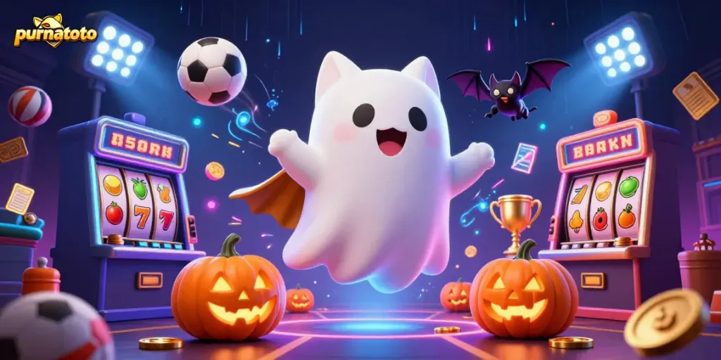 Purnatoto mengungkapkan keseruan permainan slot gacor dan jackpot dengan ilustrasi kasino berhiaskan kucing hantu dan elemen kasino yang berkilau.