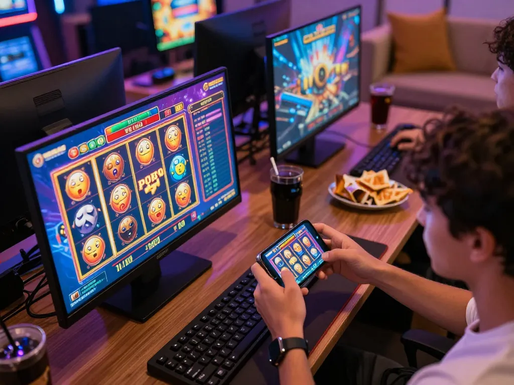 Player engaging in slot pulsa gaming on a smartphone showcasing colorful graphics and vibrant atmosphere