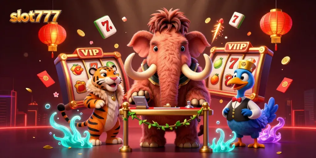 Slot777 menghadirkan suasana kasino dengan berbagai simbol menarik dan karakter unik dalam ilustrasi 3D yang dinamis.