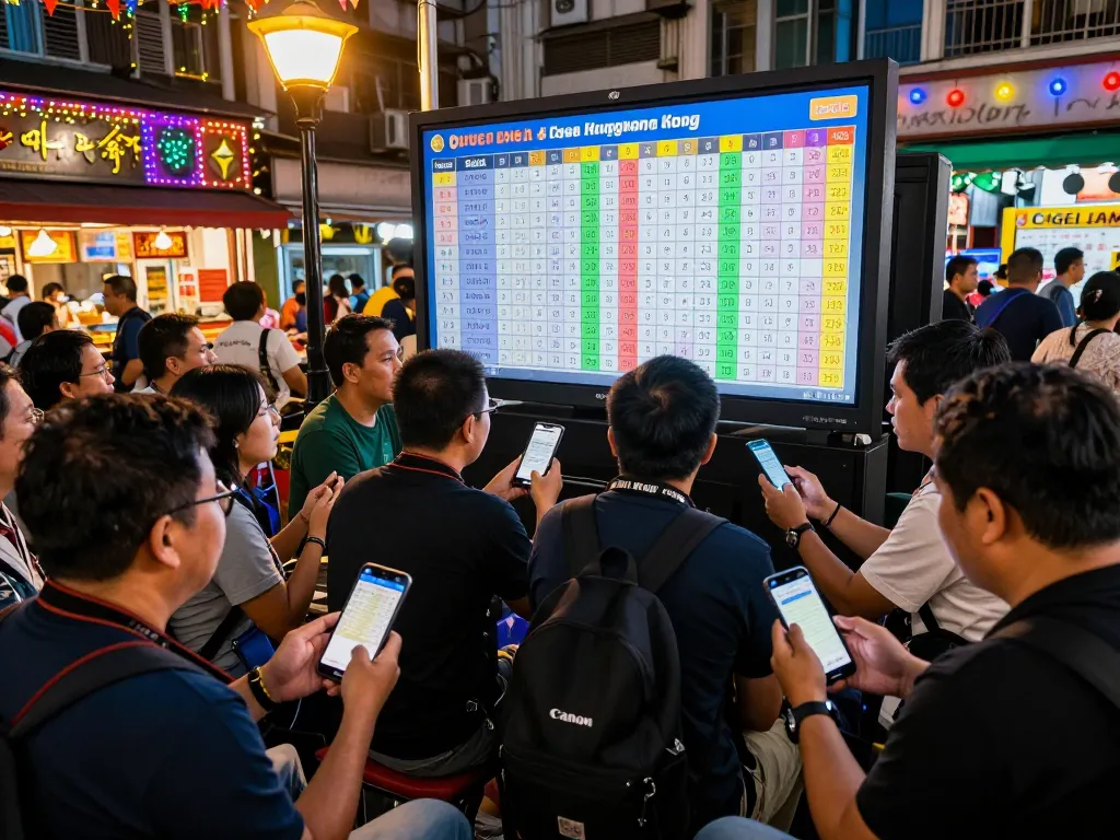 Togel Hongkong players eagerly checking live draw results in a festive evening setting.
