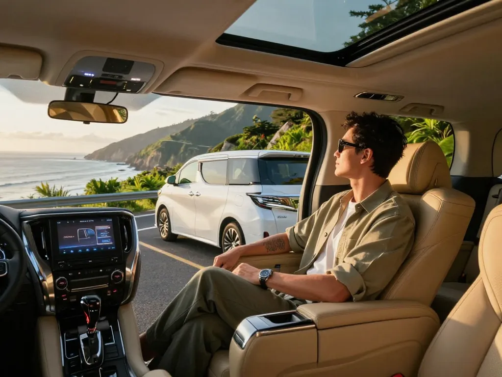 Trải nghiệm du lịch sang trọng trong một chiếc Toyota Alphard, trình bày nội thất tinh tế và tuyến đường ven biển thơ mộng.