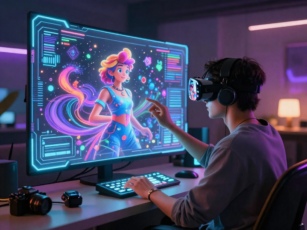 Engaged user interacting with character AI nsfw interface in a vibrant futuristic virtual space.
