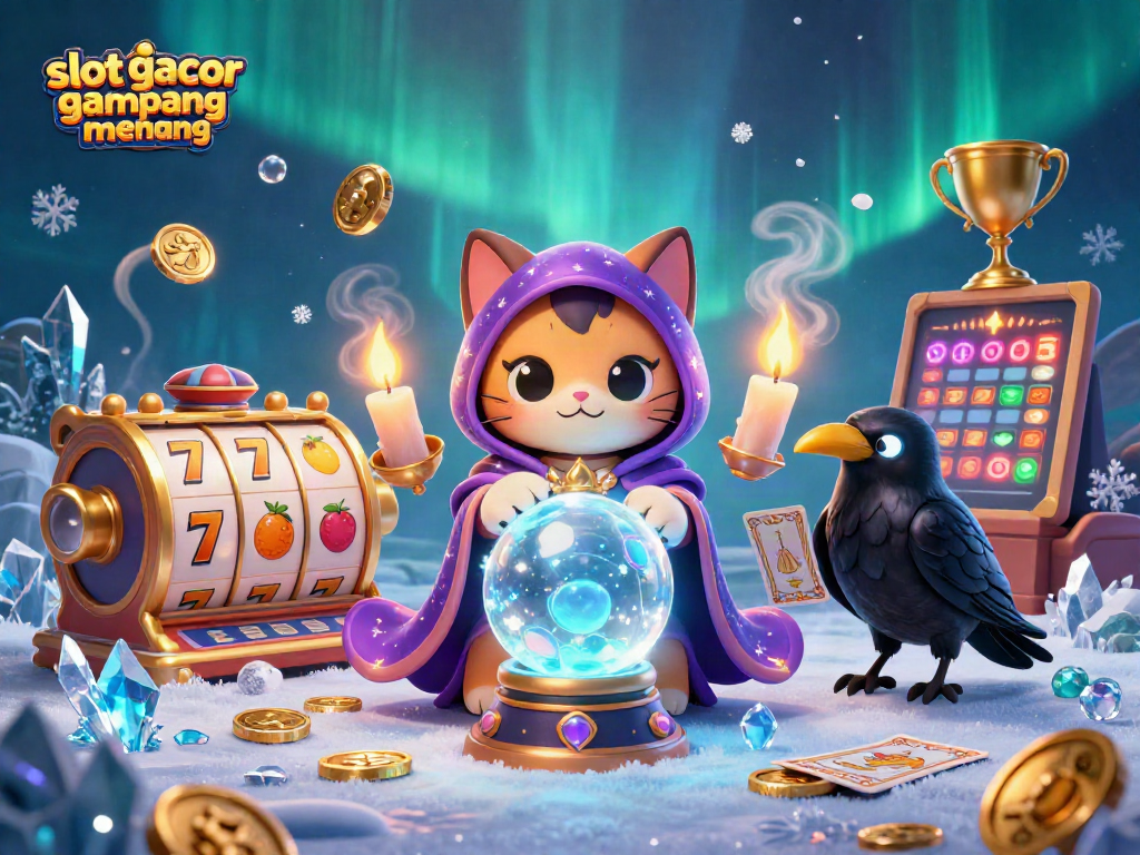 Engaging scene showcasing slot gacor gampang menang with a mystic cat and raven in 3D art