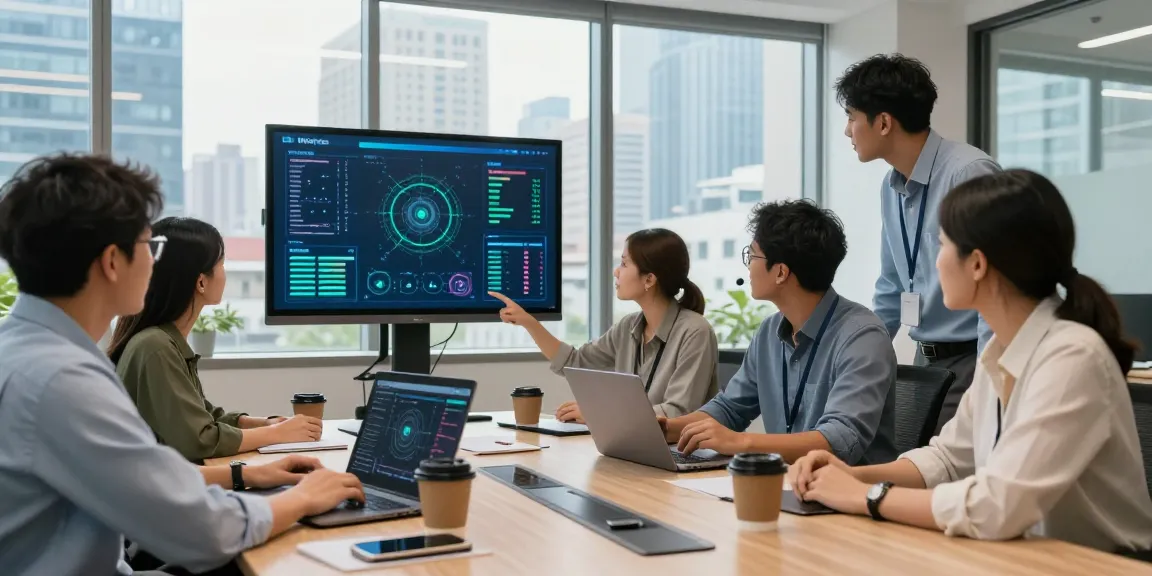 IT support for small business team collaborating in a modern office, showcasing professional engagement around a large screen.