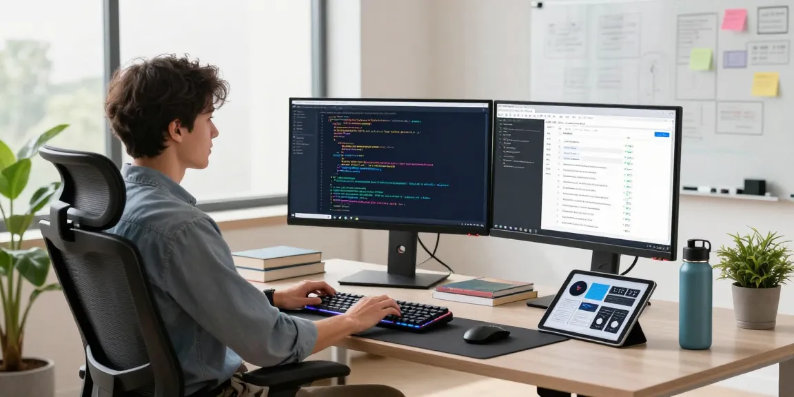 Developer coding at a modern workspace with dual monitors, showcasing the essence of 纸飞机中文版官网 and collaborative tech efforts.