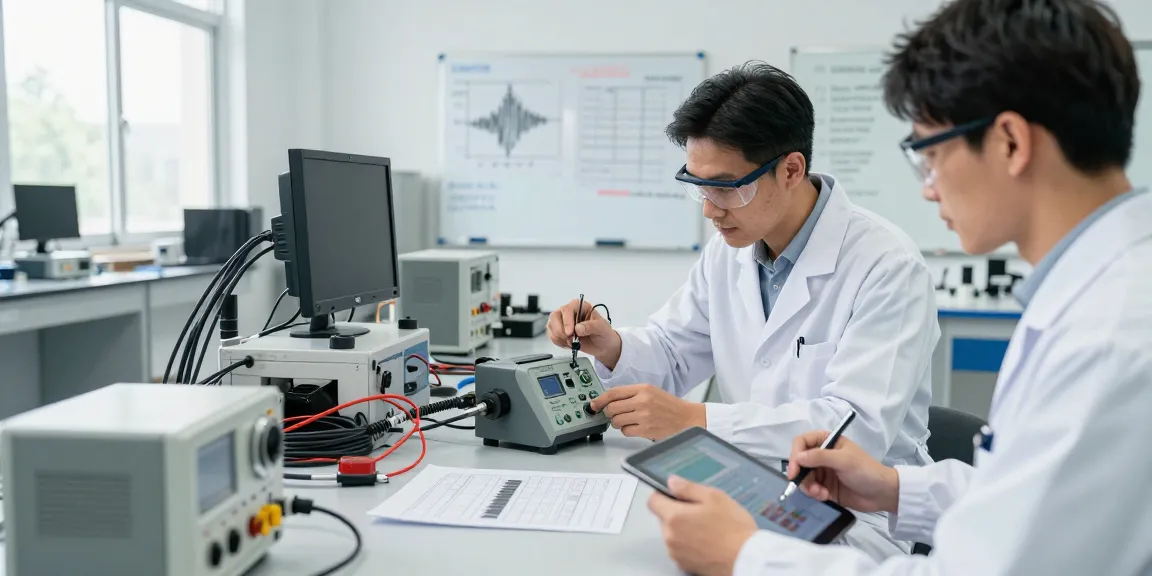 Engineers analyzing a geophone in an industrial testing lab, showcasing advanced seismic technology.
