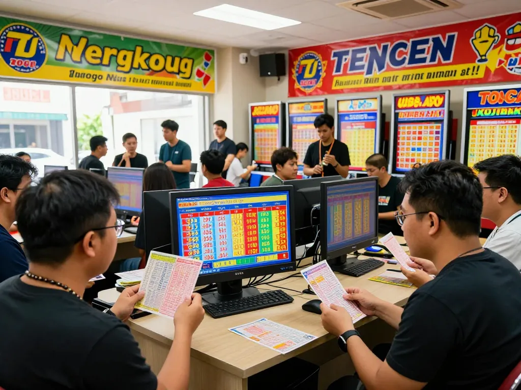 Togel Hongkong players celebrating lottery results in a lively betting shop