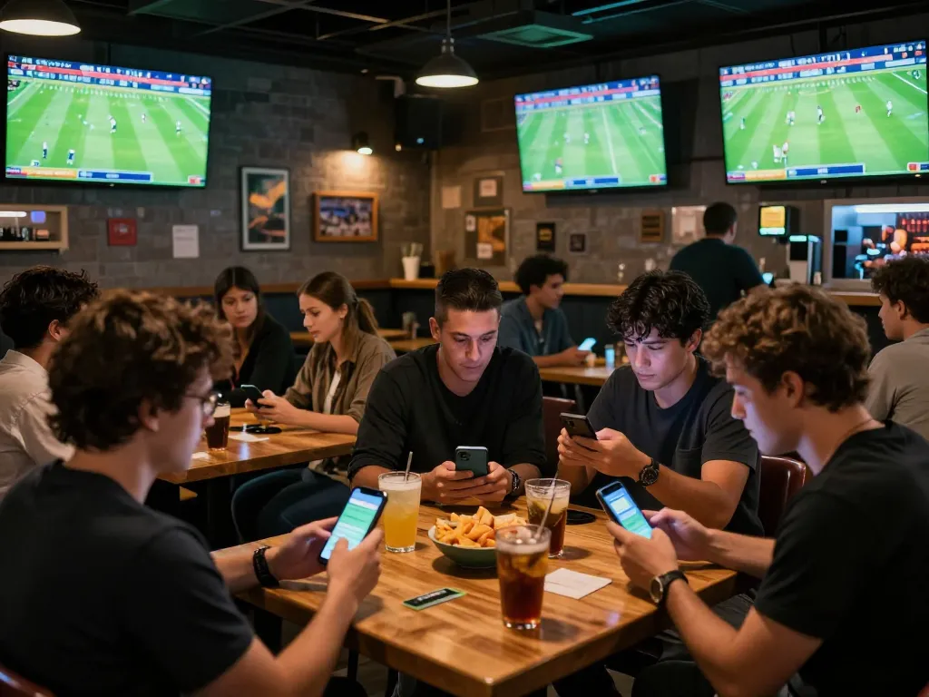 Bongdalu users enjoying live football updates while placing bets in a friendly sports bar atmosphere
