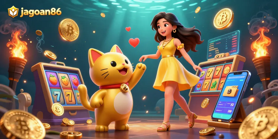 spin slots and win big with jagoan86 featuring a joyful woman and a lucky cat