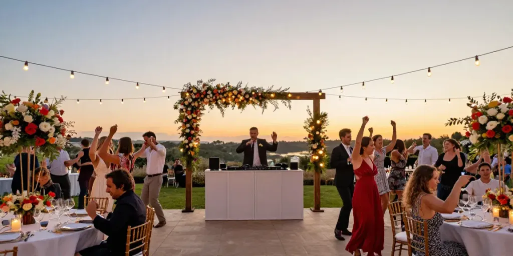 Hochzeit DJ Berlin Brandenburg mit tanzenden Gästen unter Lichtern.