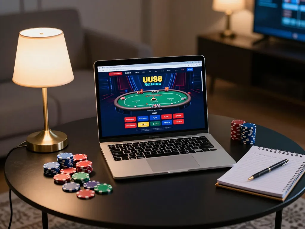 Engaging online poker session on UU88 net with strategic notes and chips around the laptop.